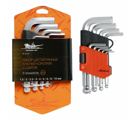 Набор шестигранных ключей коротких с шаром 9 предметов (1.5, 2, 2.5, 3, 4, 5, 6, 8, 10мм) пласт.подвес AirLine AT-9-17