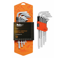 Набор Г-образных ключей TORX с отв. 9 предметов (Т10, Т15, Т20, Т25, Т27, Т30, Т40, Т45, Т50) пласт.подвес AirLine AT-9-22