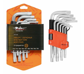 Набор Г-образных ключей TORX с отв. коротких 9 предметов (Т10, Т15, Т20, Т25, Т27, Т30, Т40, Т45, Т50) пласт.подвес AirLine AT-9-23