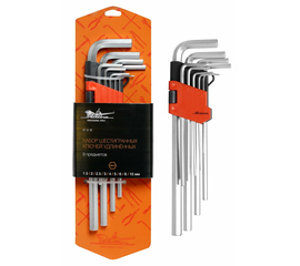 Набор шестигранных ключей удлинённых 9 предметов (1.5, 2, 2.5, 3, 4, 5, 6, 8, 10мм) пласт.подвес AirLine AT-9-18