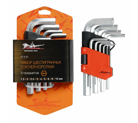 Набор шестигранных ключей коротких 9 предметов (1.5, 2, 2.5, 3, 4, 5, 6, 8, 10мм) пласт.подвес AirLine AT-9-20