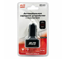 Автомобильное зарядное устройство USB с вольтметром (2 порта, 3.1А) (черный) AVS UC-523