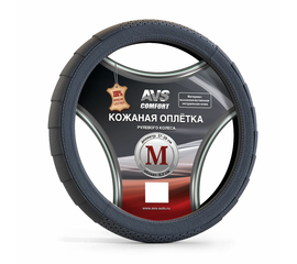 Оплётка на руль (нат. кожа) AVS GL-370M-B (размер M, Чёрная)