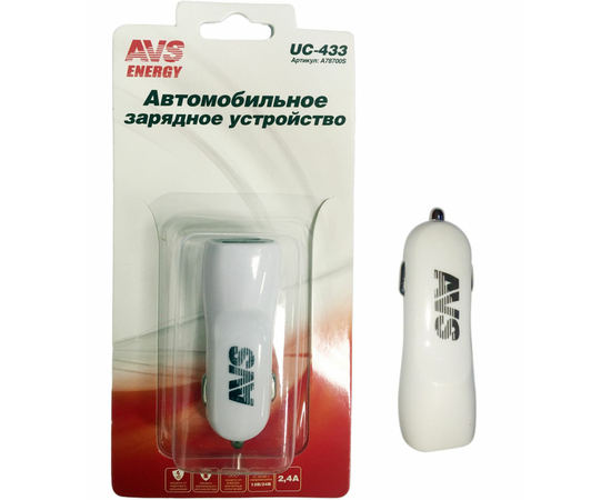 USB автомобильное зарядное устройство AVS 2 порта UC-433 (2, 4А)